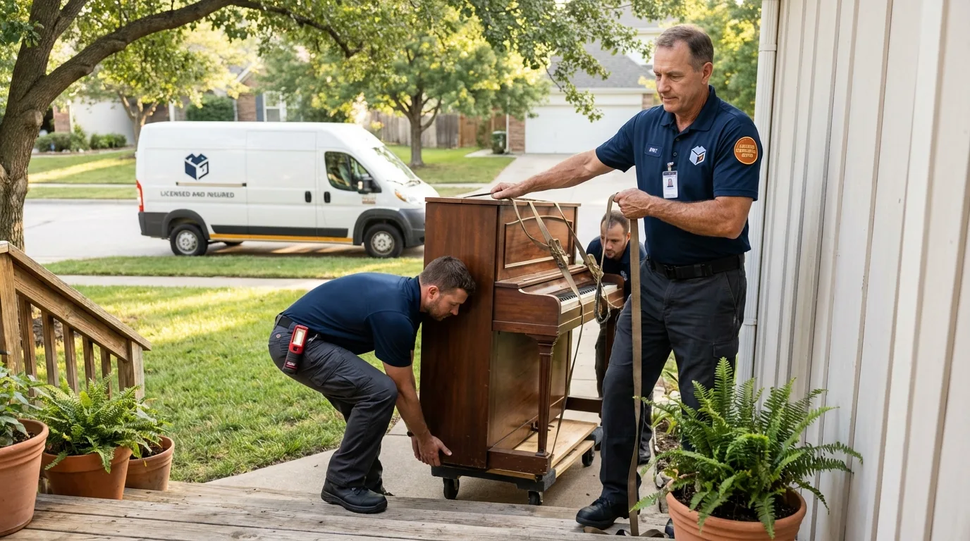Licensed piano movers securing grand piano in Rosedale, NY