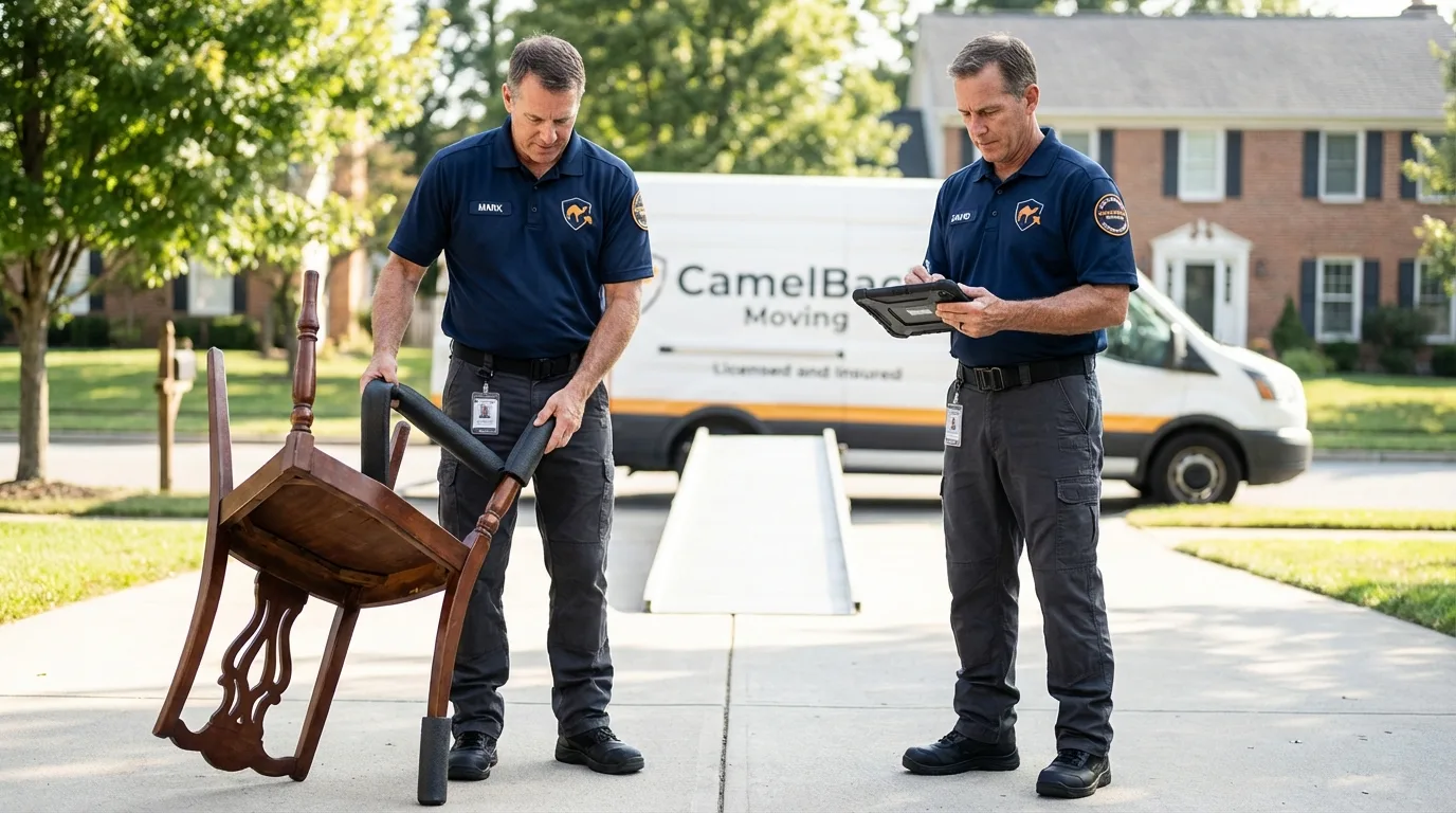 Movers inspecting furniture for damage prevention before loading in Rosedale, NY