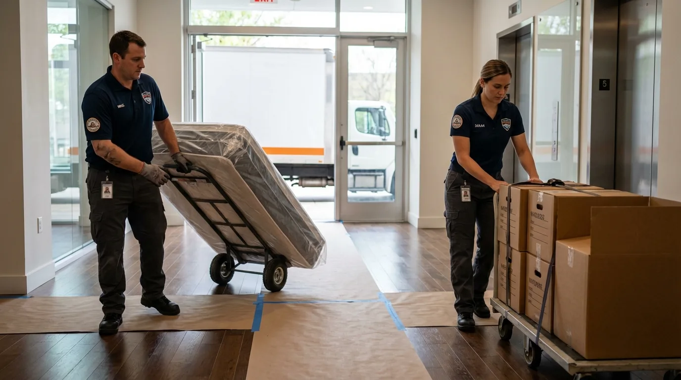 Professional apartment movers loading elevator in Rosedale, NY