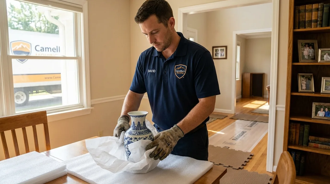 Professional crew carefully wrapping antique vase for senior downsizing move in Rosedale, NY